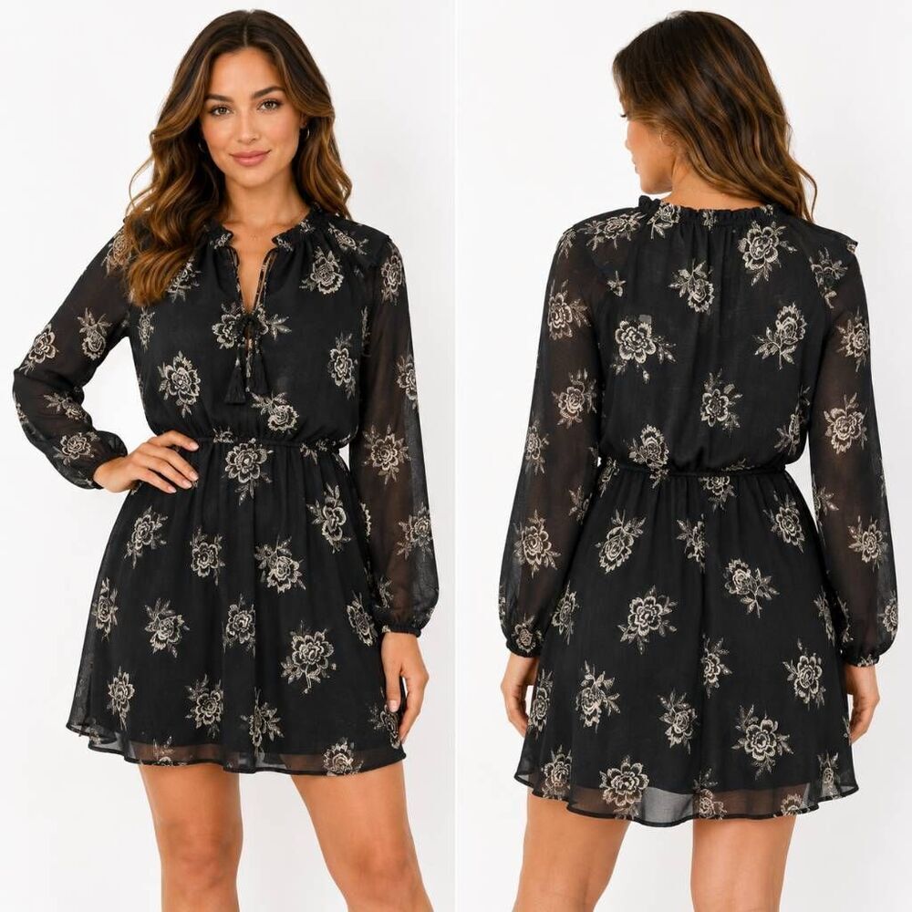 Maurices Black White Floral Long Sleeve Dress Medium